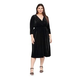 See & Be Seen Black Velvet Faux Wrap Midi Dress 3/4 Sleeve Elegant Size S